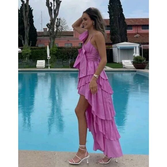 $795 LoveShackFancy Pink Raylene Tiered Pleated Bow High Low Maxi Dress 6 - Picture 9 of 16